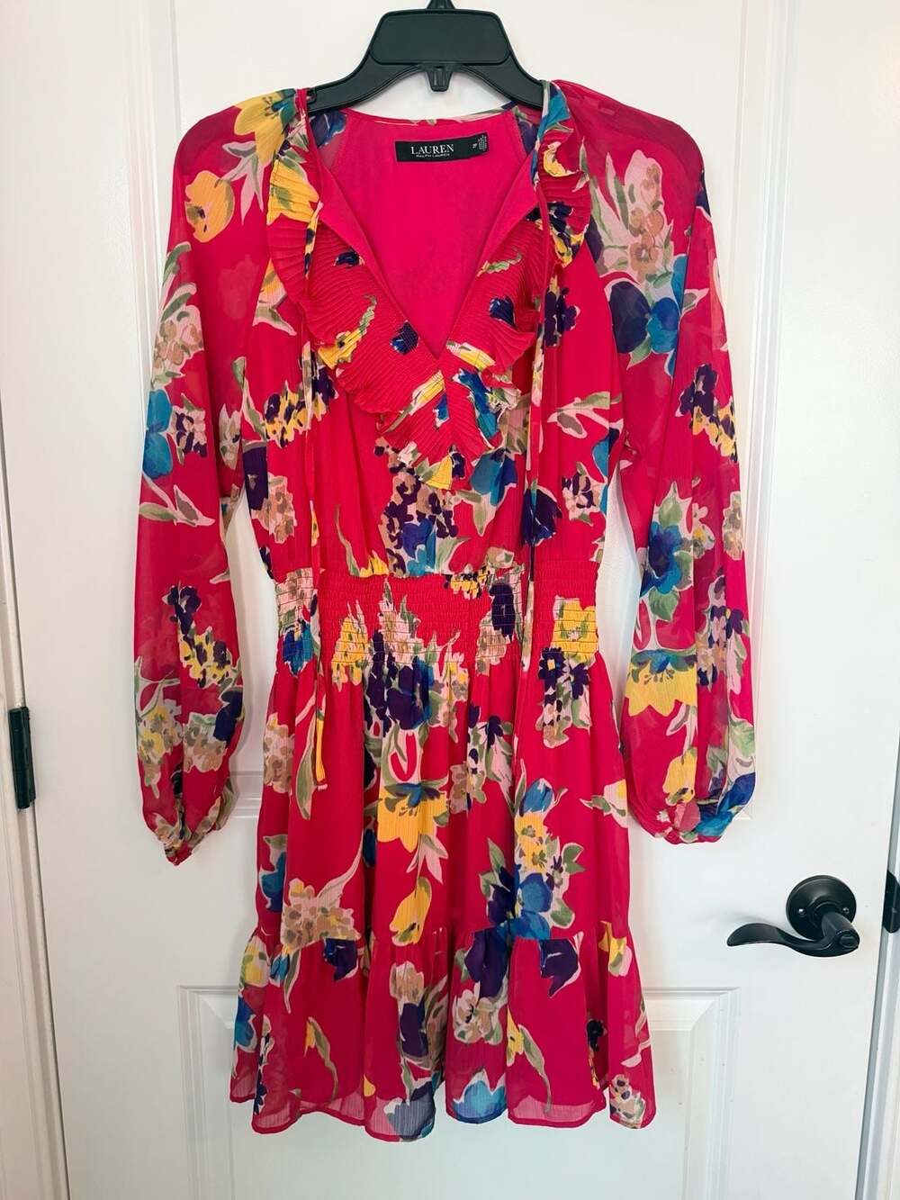 Lauren Ralph Lauren Floral Print Long Sleeve V-Neck Ruffled Mini Dress, Size 2P